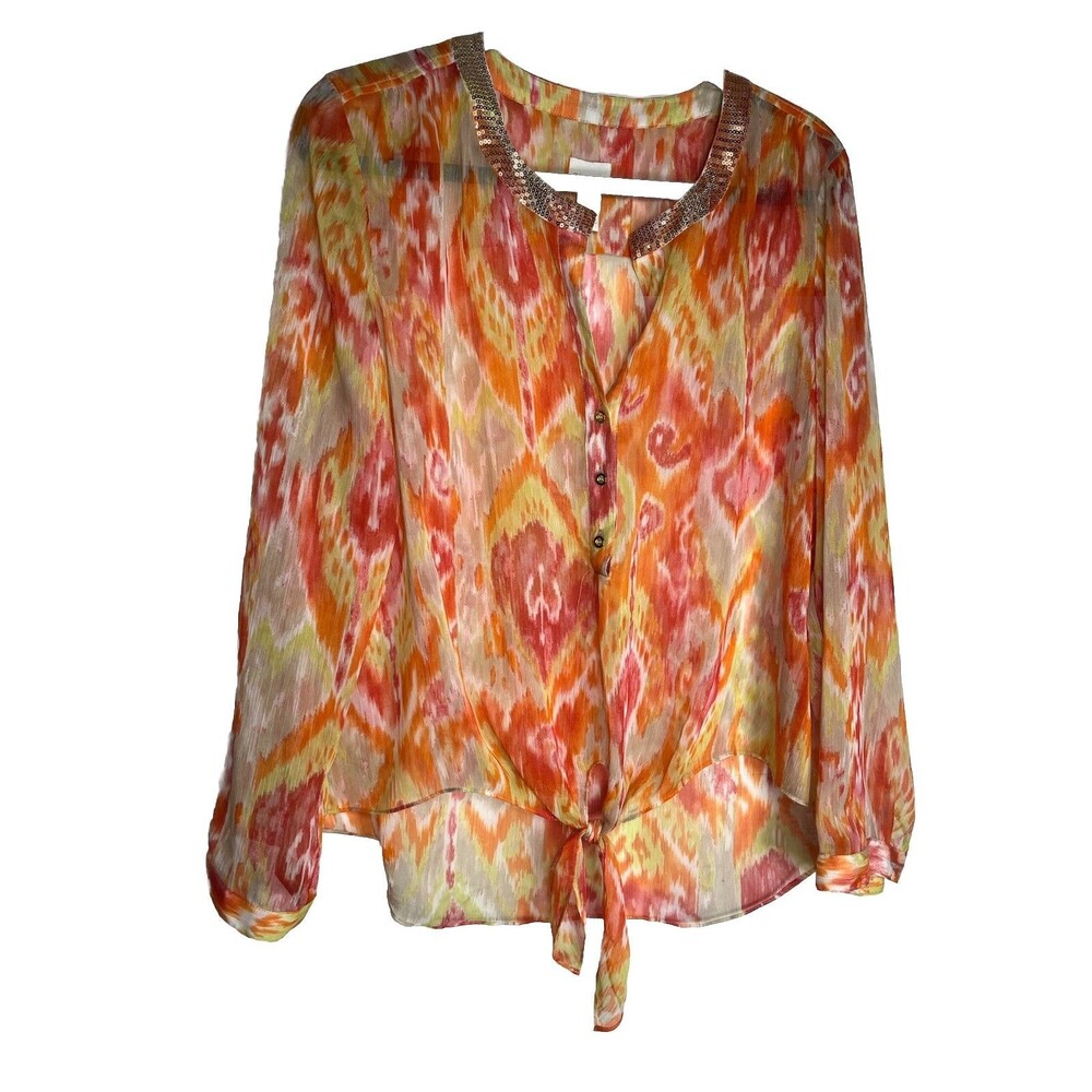 chicos size 2 Sequin Exotic Orange Mix Cruise Sheer Printed Sz 2 Large